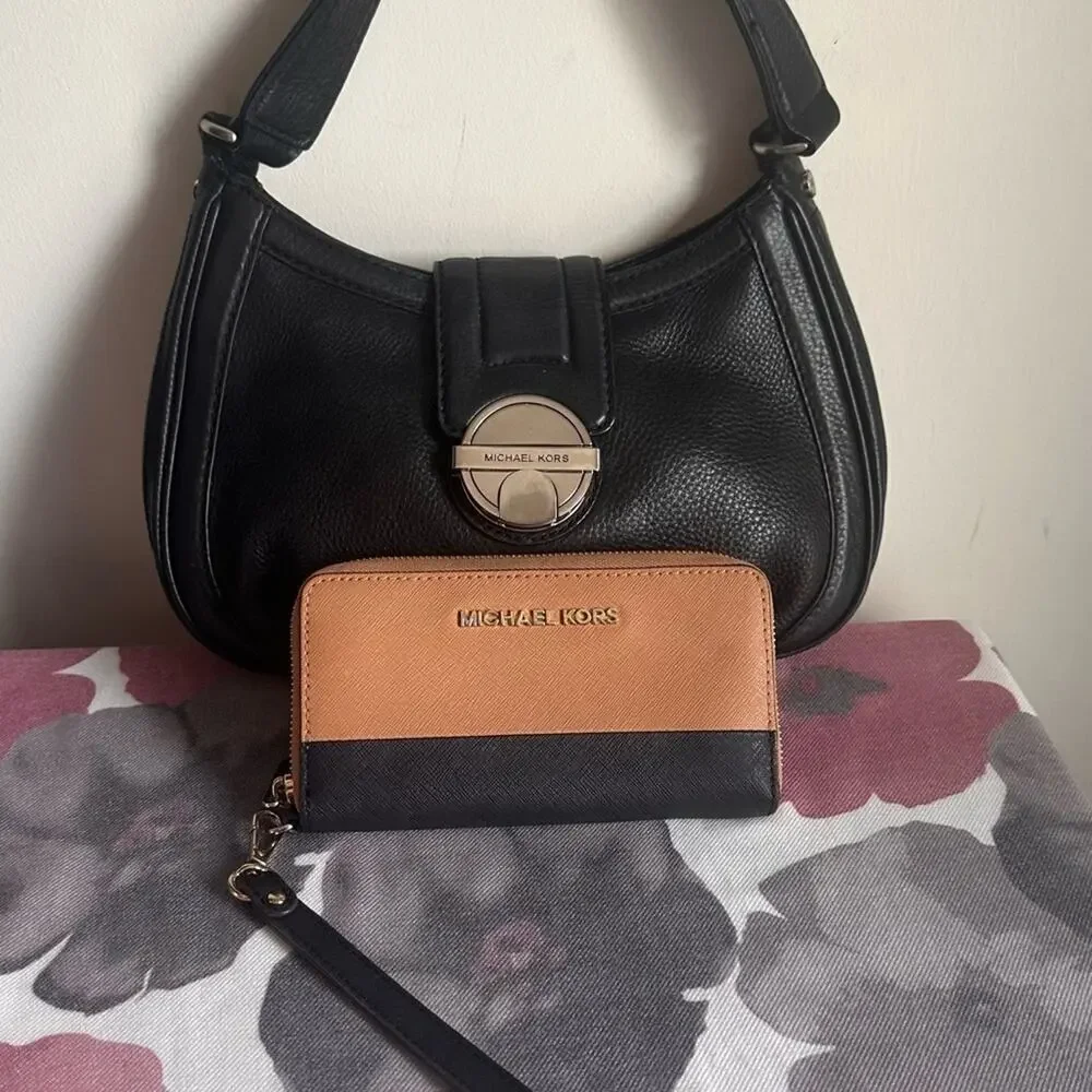 Michael Kors Black Leather Shoulder Bag and Wallet Set
